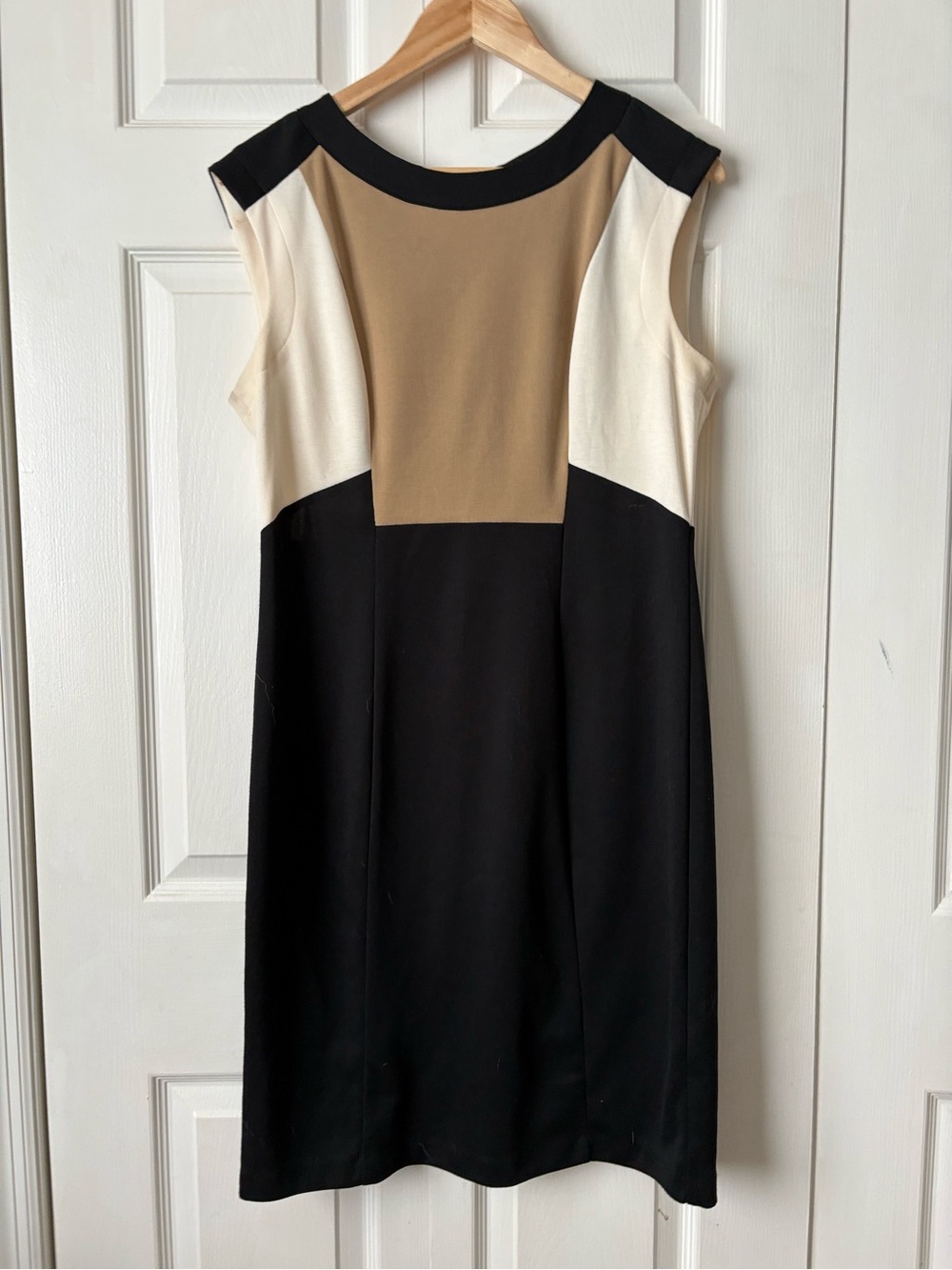 London Times Sleeveless Colorblock Sheath Dress in Black, Cream & Tan - Picture 1 of 7